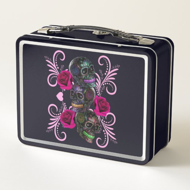 Lunch Box Triple Jour Noir Des Crânes Morts Roses Rose (Dos)