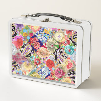 Lunch Box Tropical motif floral, couleurs vives.
