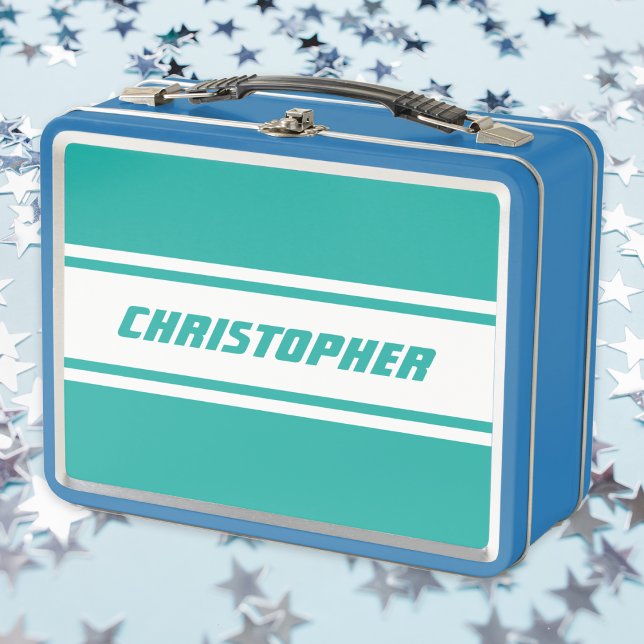 Lunch Box Turquoise Blanc Stripes Monogram Enfants Garçons B (Teal White Racing Stripes Monogram Kids Boys Blue Metal Lunch Box)