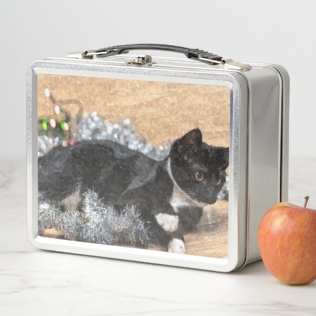 Lunch Box Tuxedo Kitten Tinsel et lumières peint (En situation)