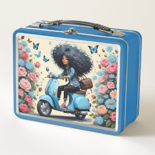 Lunch Box Une Fille Avec Un Scooter Avec Roses Et Papillons