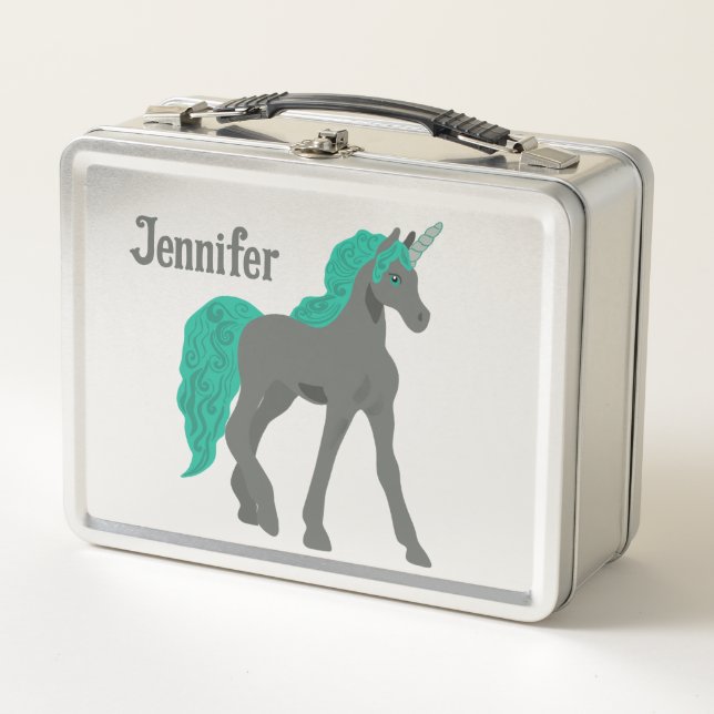 Lunch Box Unicorne grise et Turquoise Personnalisée (Devant)