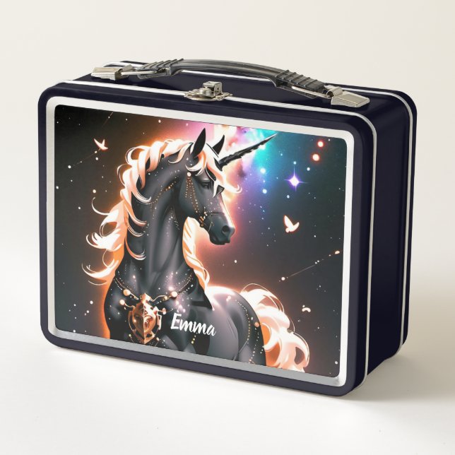 Lunch Box Unicorne Noire avec Gold Mane Nom Personnalisé Scr (Devant)