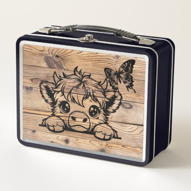 Lunch Box Vache Highland avec Papillon Noir/Faux (Devant)