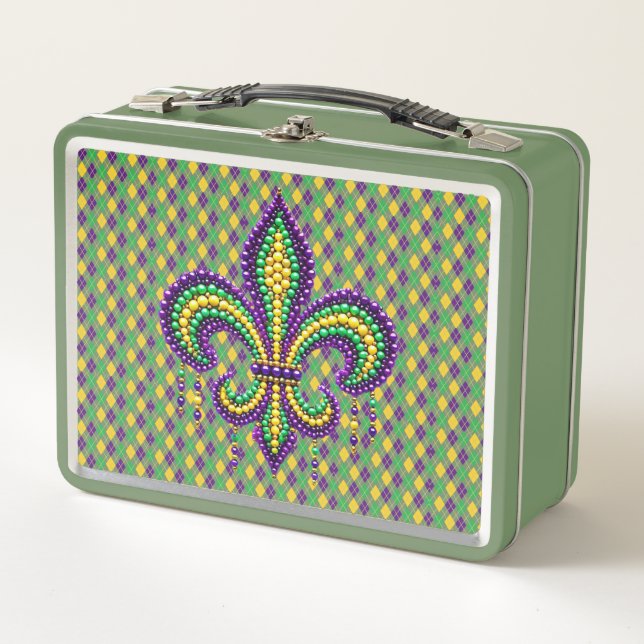 Lunch Box Vert jaune pourpre Mardi Gras fleur de lis (Devant)