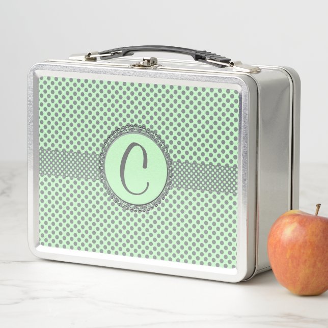 Lunch Box Vert menthe avec Pois gris-Monogramme STaylor (En situation)