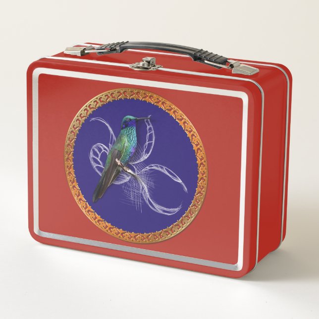 Lunch Box Vert turquoise et bleu avec colibri violet (Devant)