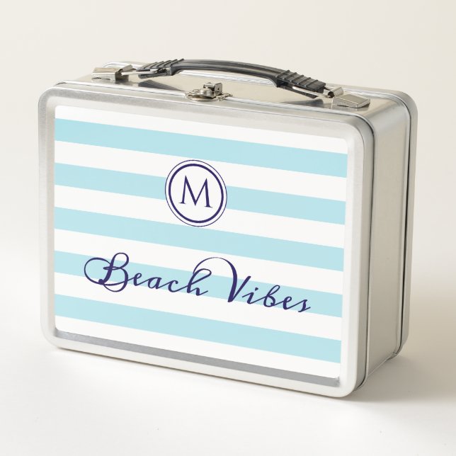 Lunch Box Vibes de Plage Bleu Clair et Rayures Blanches Mono (Devant)