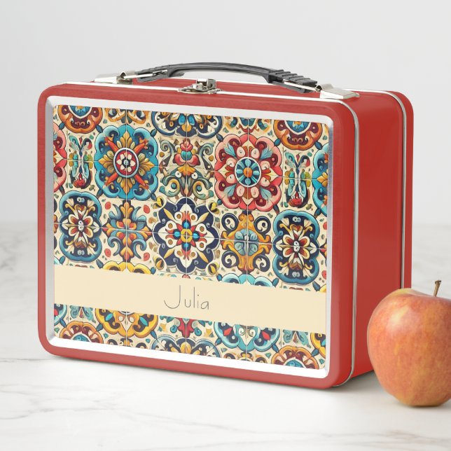 Lunch Box Vibrant carreaux bleu rouge mexicain Personnalisé (En situation)