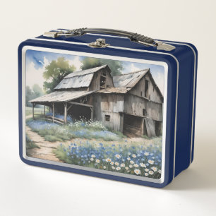 Lunch Box Vieille Grange En Bois Avec Fleurs sauvages Bleus 