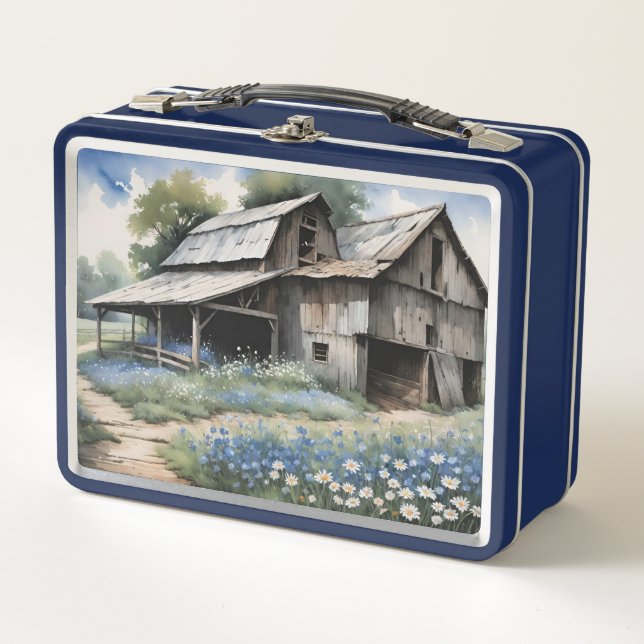 Lunch Box Vieille Grange En Bois Avec Fleurs sauvages Bleus  (Devant)