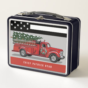 Lunch Box Vintage Fire Truck American Flag Mince Red Line
