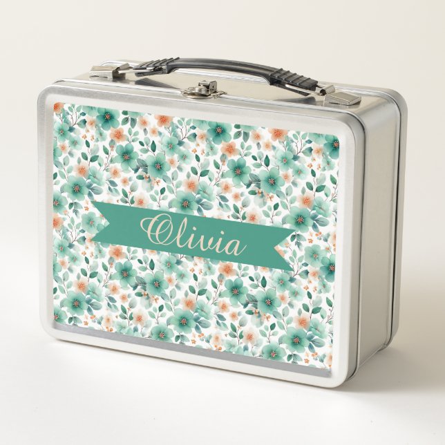 Lunch Box Vintage Spring Green Floral Personalized (Devant)