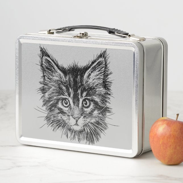 Lunch Box Visage de Kitten noir et blanc sur gris (En situation)