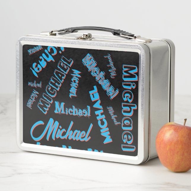 Lunch Box Votre nom motif monogramme bleu rouge noir (En situation)