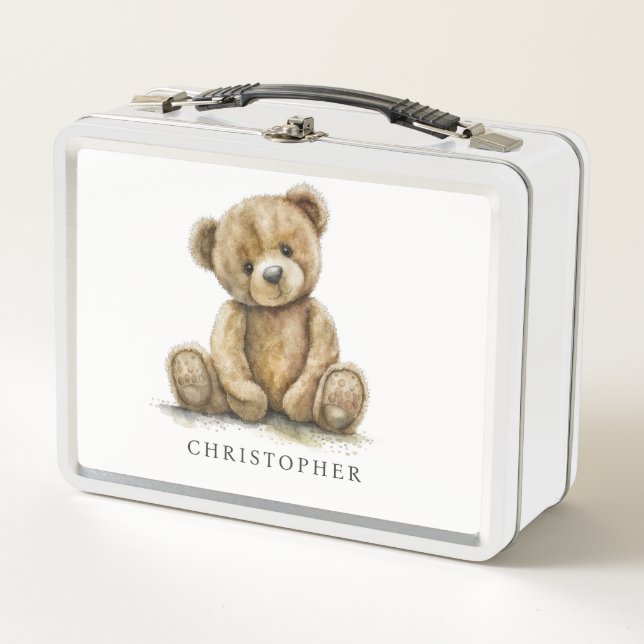 Lunch Box Watercolor Teddy Bear Neutral Kid's Name (Devant)
