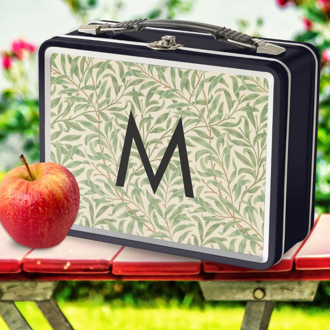 Lunch Box William Morris Willow Bough Monogramme rétro Vinta (A stylish metal lunch box with William Morris 'Willow Bough' leaves pattern and monogram initial)