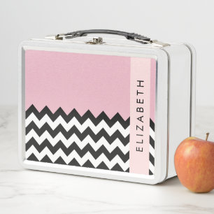 Lunch Box Zigzag noir et blanc, Chevron, rose, Votre nom