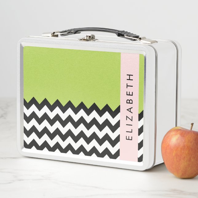 Lunch Box Zigzag noir et blanc, Chevron, Vert, Votre nom (En situation)