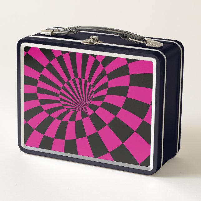 Lunchbox en métal Abstrait rose et noir À damiers (Devant)