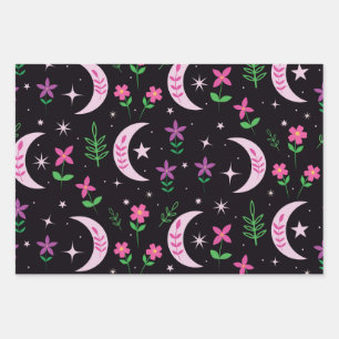 Lune Boho avec fleurs roses et feuilles