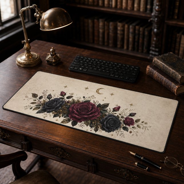 Lune céleste de roses de Bourgogne gothiques en iv (Vintage Ivory Gothic Burgundy Roses Celestial Moon Desk Mat)