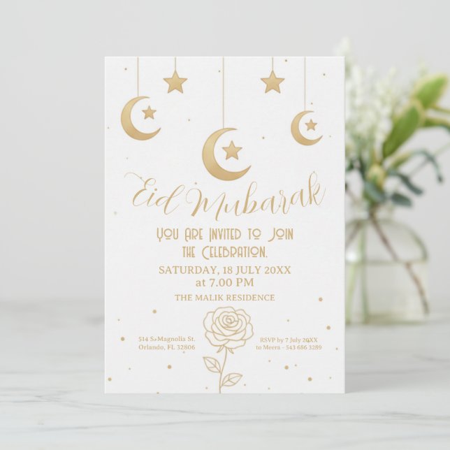 Lune dorée et étoiles Invitation Eid Mubarak (Debout devant)
