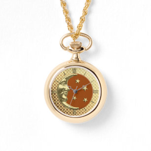 Lune et étoiles Art déco, montre marron rouille et