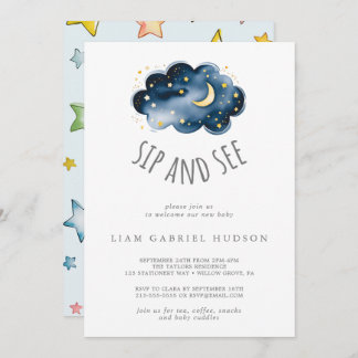 Lune et étoiles Baby Boy Sip and See Invitation