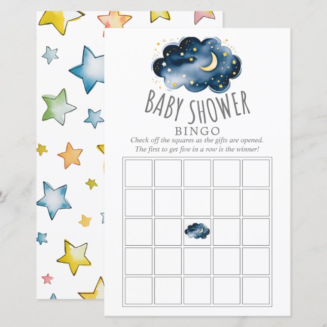 Lune et étoiles Baby shower Bingo Jeu (Devant / Derrière)