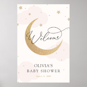 Lune et étoiles Baby shower rose Affiche de bienve