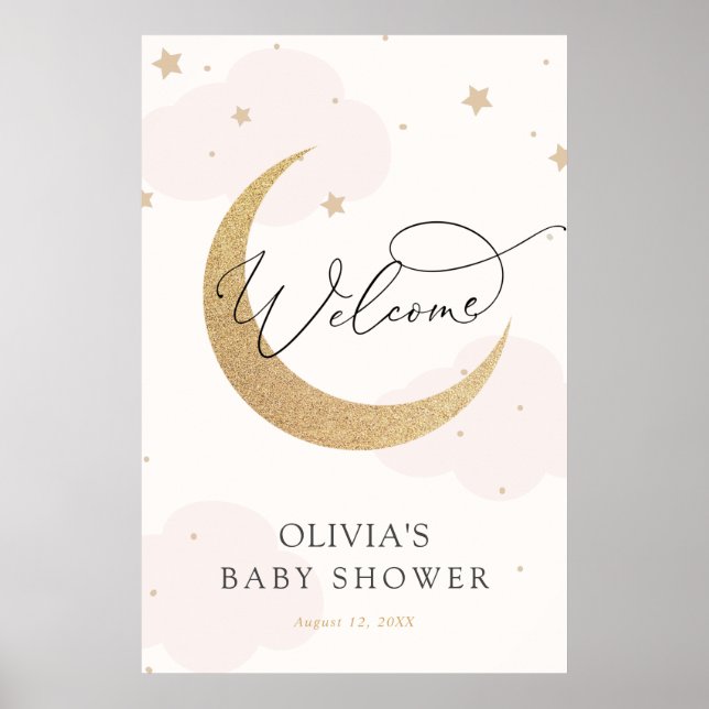 Lune et étoiles Baby shower rose Affiche de bienve (Devant)