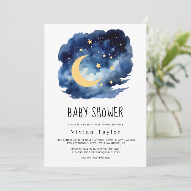 Lune et étoiles | Invitation Baby shower garçon (Debout devant)
