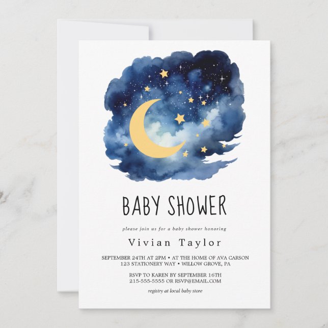 Lune et Étoiles | Invitation pour une Baby Shower  (Devant)