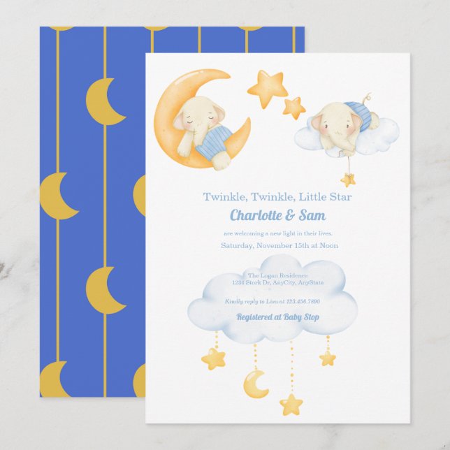 Lune et étoiles | Invitations de douche bébé éléph (Devant / Derrière)
