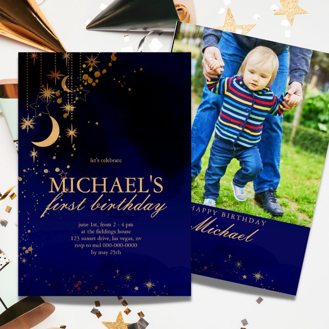 Lune Et Étoiles Première Invitation Anniversaire (Créateur téléchargé)