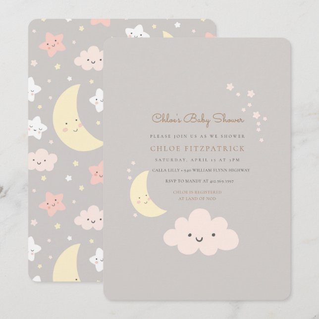 Lune et Star Baby shower Invitation Grey (Devant / Derrière)