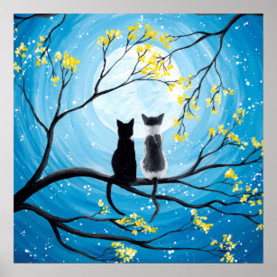 Lune Whimsical avec chats Poster Imprimer