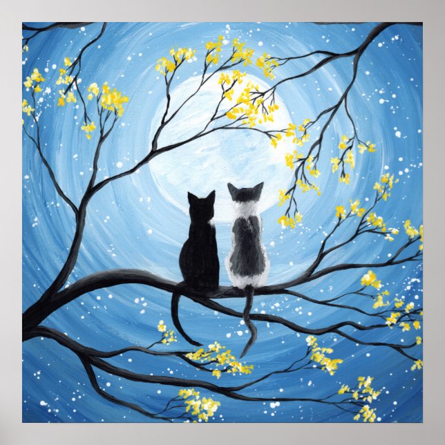 Lune Whimsical avec chats Poster Imprimer (Devant)