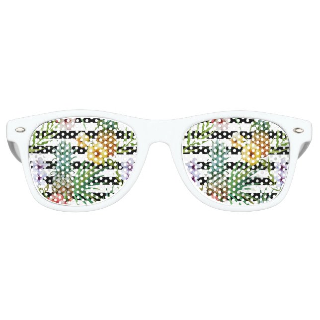 Lunettes De Fête Retro Aquarelle ananas fleur tropicale rayures noires (Devant)
