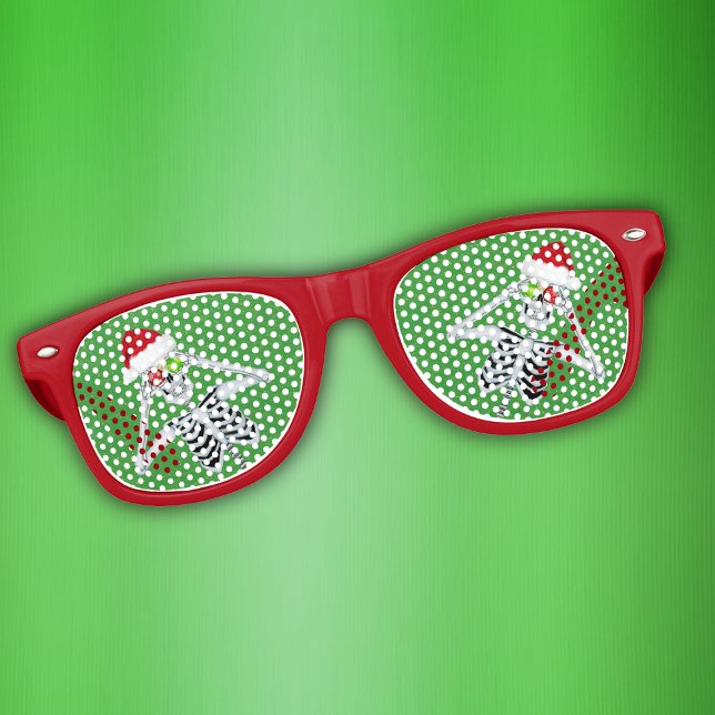 Lunettes De Fête Retro Drôle Noël Squelette Casquette Ornements sur Vert (Funny Christmas Skeleton in Santa Hat Holding ornaments on Red Retro Party glasses.)