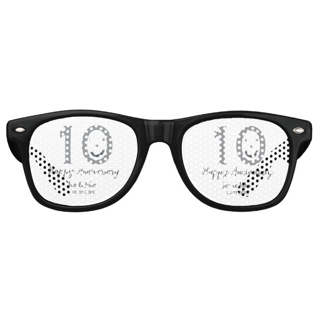 Lunettes De Fête Retro Joyeux 10e anniversaire nom date gris gras émoji (Devant)
