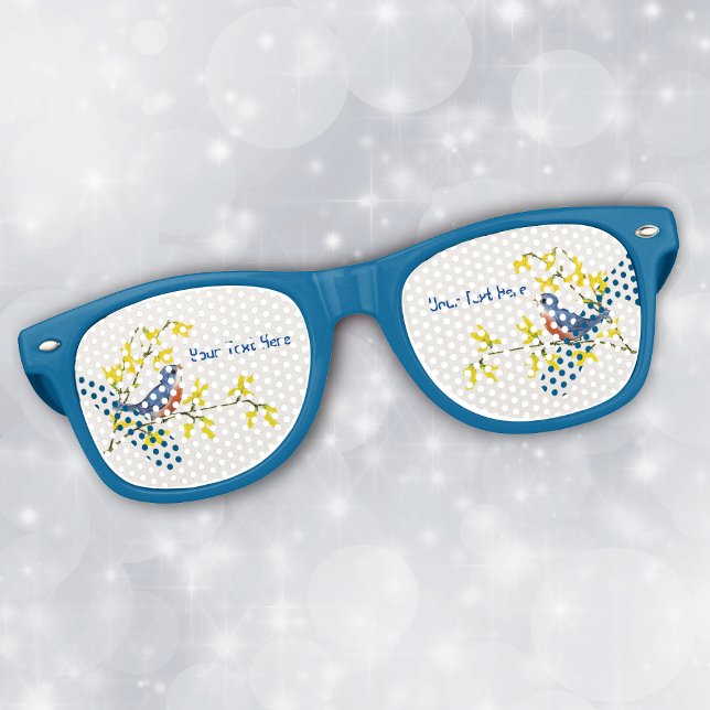 Lunettes De Fête Retro Petits oiseaux mignons en Branche avec Fleurs Jaun (Cute red and blue bird on branch bright yellow flowers on blue retro party glasses.)