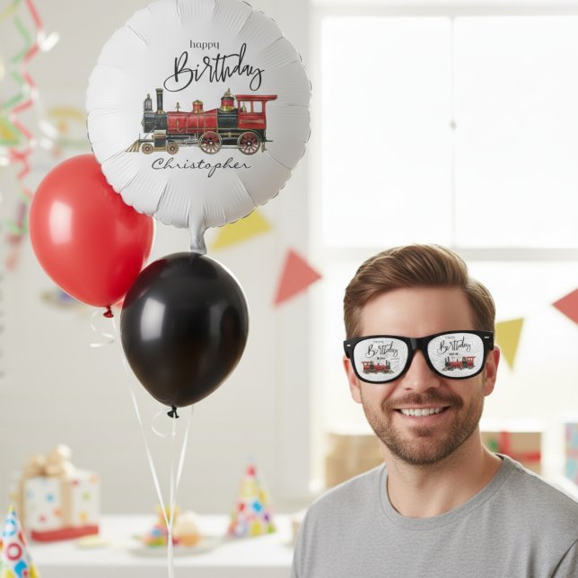 Lunettes De Fête Retro Train rouge "Votre nom" Joyeux anniversaire (Red Train "Your Name" Happy Birthday Retro Sunglasses)