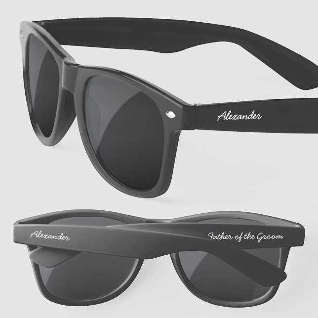 Lunettes De Soleil Père de la salle Nom du script personnalisé (Personalized Father of the Groom name custom text sunglasses for wedding bachelor stag party)