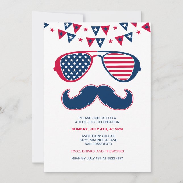 Lunettes et moustache 4 juillet invitations (Devant)