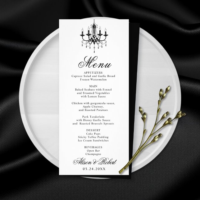 Lustre noir blanc Vieux argent carte menu mariage (Créateur téléchargé)