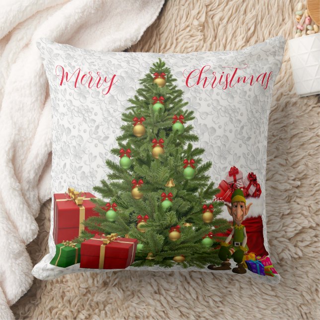 Lutin de Noël près d'un arbre avec coussin décorat (Couverture)
