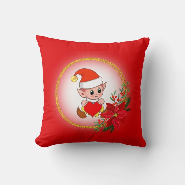 Lutin de Noël sur Coussin de jeté rouge (Recto)