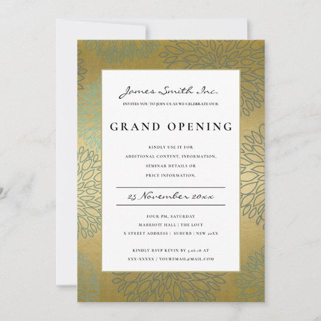 LUX BLUE GOLD DAHLIA FLORAL GRAND INVITATION D'OUV (Devant)